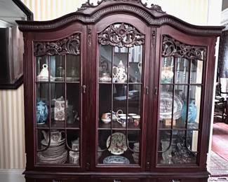 FRENCH ROCOCO ROSEWOOD SOLID WOOD DISPLAY CHINA CABINET WITH GLASS DOORS AND 3 DRAWERS