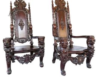 French Renaissance Throne Armchairs with Lion Detail