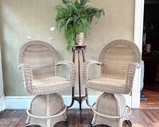 OUTDOOR FAUX WICKER SWIVEL BARSTOOLS IN LIGHT TAN