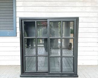 BLACK WINDOWPANE BOOKSHELF WITH BARN STYLE DOORS