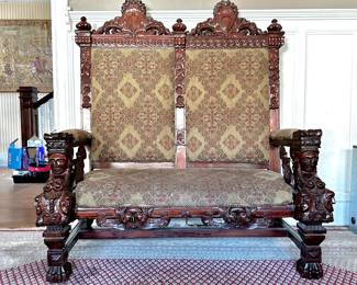 SPHINX & CARVED FACES MAHOGANY SETTEE OR BENCH