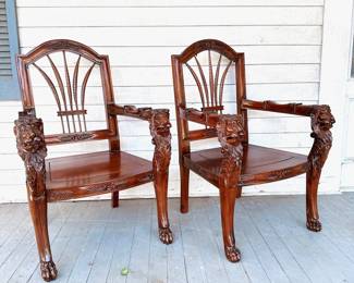 ANTIQUE MAHOGANY CARVED LION SHEAF OF WHEAT ARM CHAIRS