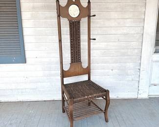 ANTIQUE DARK WALNUT HALL TREE CHAIR WITH MIRROR RUSH SEAT