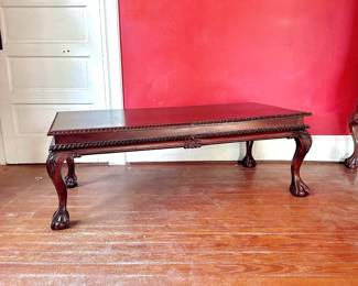 ANTIQUE MAHOGANY CARVED BALL AND CLAW FOOT COFFEE TABLE