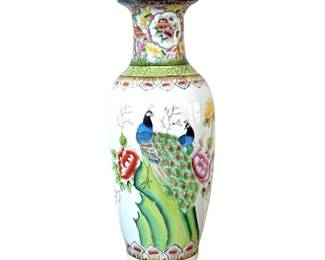 VINTAGE CHINOISERIE VASE, FLORAL PEACOCK SETSUMA DESIGN - H: 24"