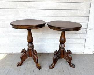 ANTIQUE FRENCH NEOCLASSICAL WALNUT CARVED ROUND END TABLES TRIPOD GUERIDON