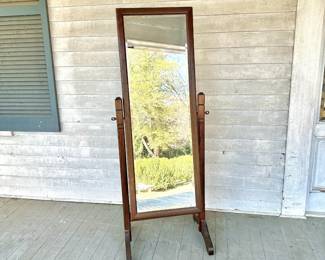 ANTIQUE WOODEN FLOOR MIRROR WITH BRASS DETAIL