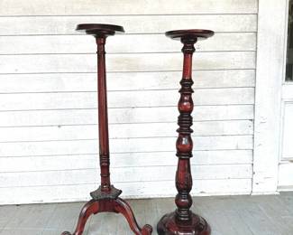 ANTIQUE COLUMN PLANT STANDS - SET OF TWO - MAHOGANY - TRIPOD TORCHIERE