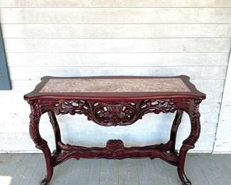 VICTORIAN MARBLE TOP ROSEWOOD CARVED CONSOLE TABLE