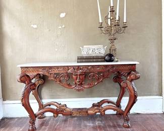 GRAND CONTINENTAL ROCOCO STYLE CARVED MAHOGANY MARBLE TOP CONSOLE TABLE