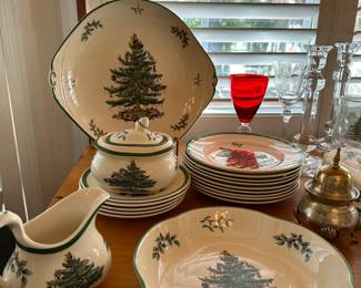 Spode creamer, sugar bowl, dessert and appetizer plates, and serving dishes