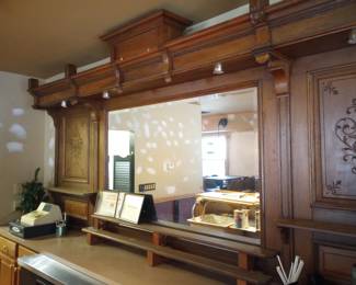 Antique Bar Back, 12 feet long by 5 feet tall, comes with 2 mirrors, $2,200. 