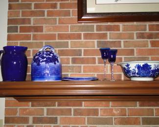 More blue items and pottery as well, on the mantel