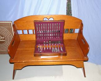 Child bench, perfect for that time out chair, and complete set of vintage silverware too