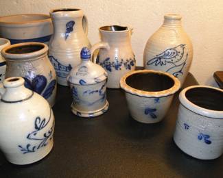 Salt pottery, blue and cream pottery, jugs and mugs and stuff