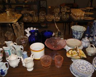 Pink vintage depression glass, along with lots of nice vintage china