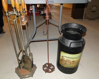 Vintage metal milk container, and fireplace set.  The middle piece, we have no idea.
