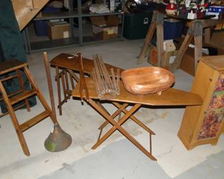 Miniature ironing boards, drying racks, and small cupboard, all salesman samples