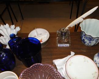 Vintage ink well, and some deep dark indigo blue and white, and stuff