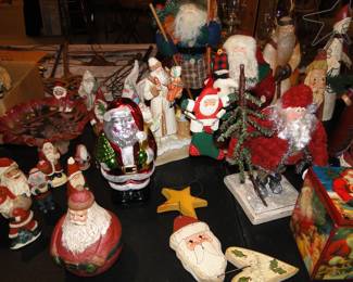 Mercury Glass Santa, wooden Santa, and Jack in the Box Santa