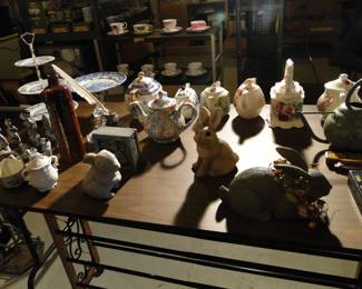 Lots of great items for holiday decorating.  Lots of serving plates, tea pots and tea cups too.