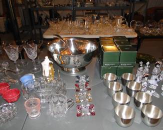 Pewter punch bowl set with lots and lots of cups, and ladle, and some darn fine crystal pieces as well