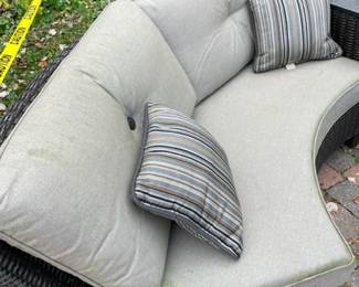 Six-seater patio set with firepit and bench.