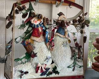 3D Christmas metal fireplace screen cover hinged Santa & Snowman.