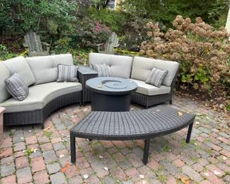 Six-seater patio set with firepit and bench.
