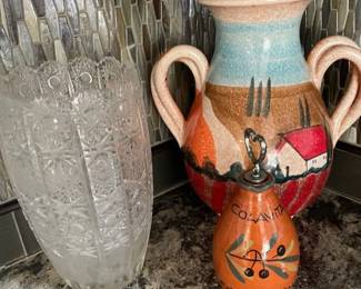 Crystal vase and hand-painted jug.
