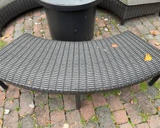 Six-seater patio set with firepit and bench.