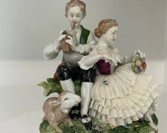 Vintage Capodimonte Dresden Lace courting couple porcelain figure with lamp.