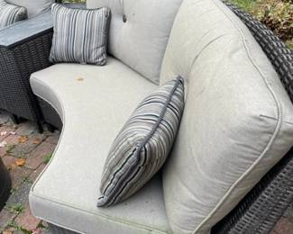 Six-seater patio set with firepit and bench.