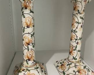 Pair of vintage Portuguese candle holders hand painted ceramic.