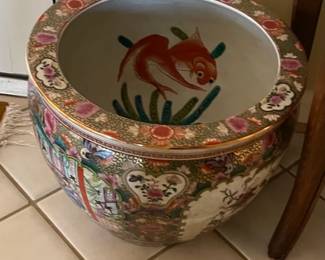 Large vintage wide mouthed Meiji Japanese vase gold with birds and koi.