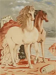 De Chirico, Giorgio. HORSES IN A MYTHOLOGICAL LANDSCAPE Framed Original Lithograph Print
