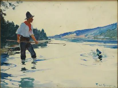 Benson, Frank Weston. Framed Original Watercolor FLY FISHING 1930