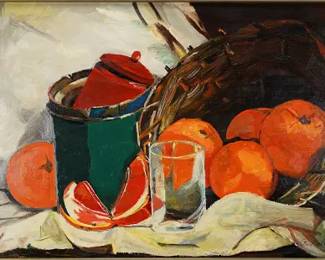 Artist Signed BASKET OF ORANGES Acrylic on Board Framed Still Life Painting
