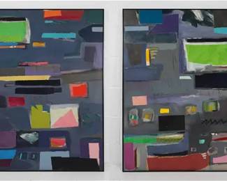 Pair Artist Signed Geometric MCM Abstract Mexied Media Framed Paintings on Board
