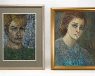 Artist Signed Man and Woman Portraits Oil Pastels on Paper and Acrylic on Board
