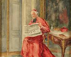 French Framed Antique Watercolor Painting Cardinal Reads the Paper
