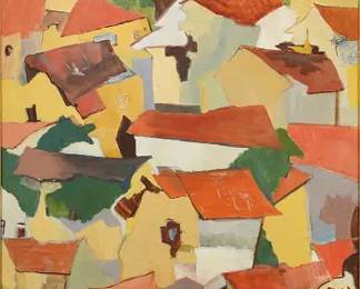 Artist Signed Original Abstract HOUSE ROOFTOPS Framed Oil on Canvas Painting
