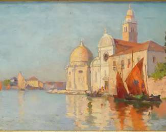 Antique 19thC Italian ISOLA SAN MICHELE VENICE Framed Oil on Canvas Painting
