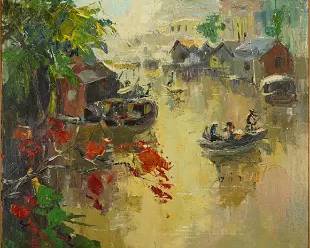 Asian Impressionist Oil Painting RIVER COMMUNITY VIETNAM Framed
