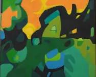 Artist Signed 1962 Colorful MCM Abstract Oil on Masonite Board Painting
