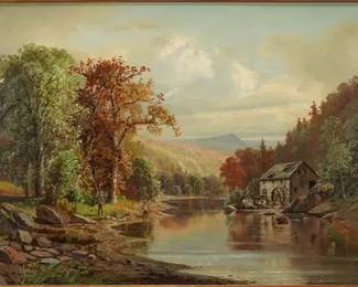 Kemper, Henry W. Hudson River School FISHING Framed Oil on Canvas Painting
