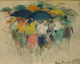 Buenaventura, Cesar. Framed MCM Oil on Canvas UMBRELLAS

