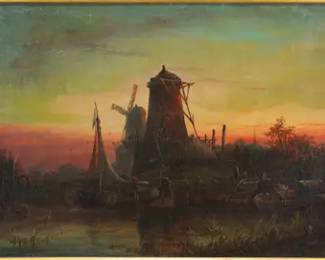 Williams, Edward Charles. WINDMILL AT DUSK Landscape Oil on Canvas Framed Painting
