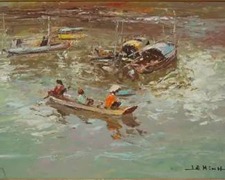 Minh, Le. VIETNAMESE BOATS SCENE Oil on Board Framed Painting
