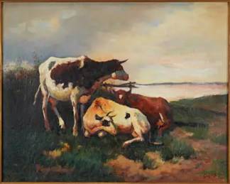 Artist Signed Oil on Canvas RESTING COWS LANDSCAPE Framed Painting
